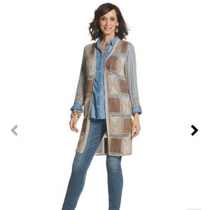 Chico’s faux suede patchwork crocheted cardigan.